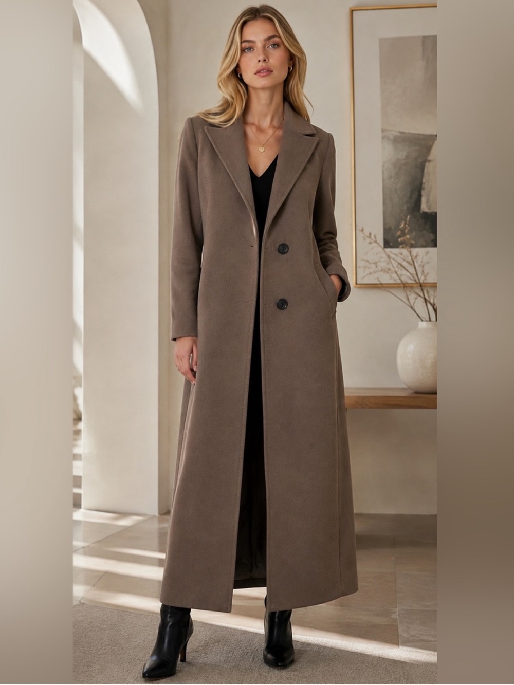 Luxury Italian Cinzia Rocca Icons Long Taupe-Brown Wool Cashmere Coat NWT US 2